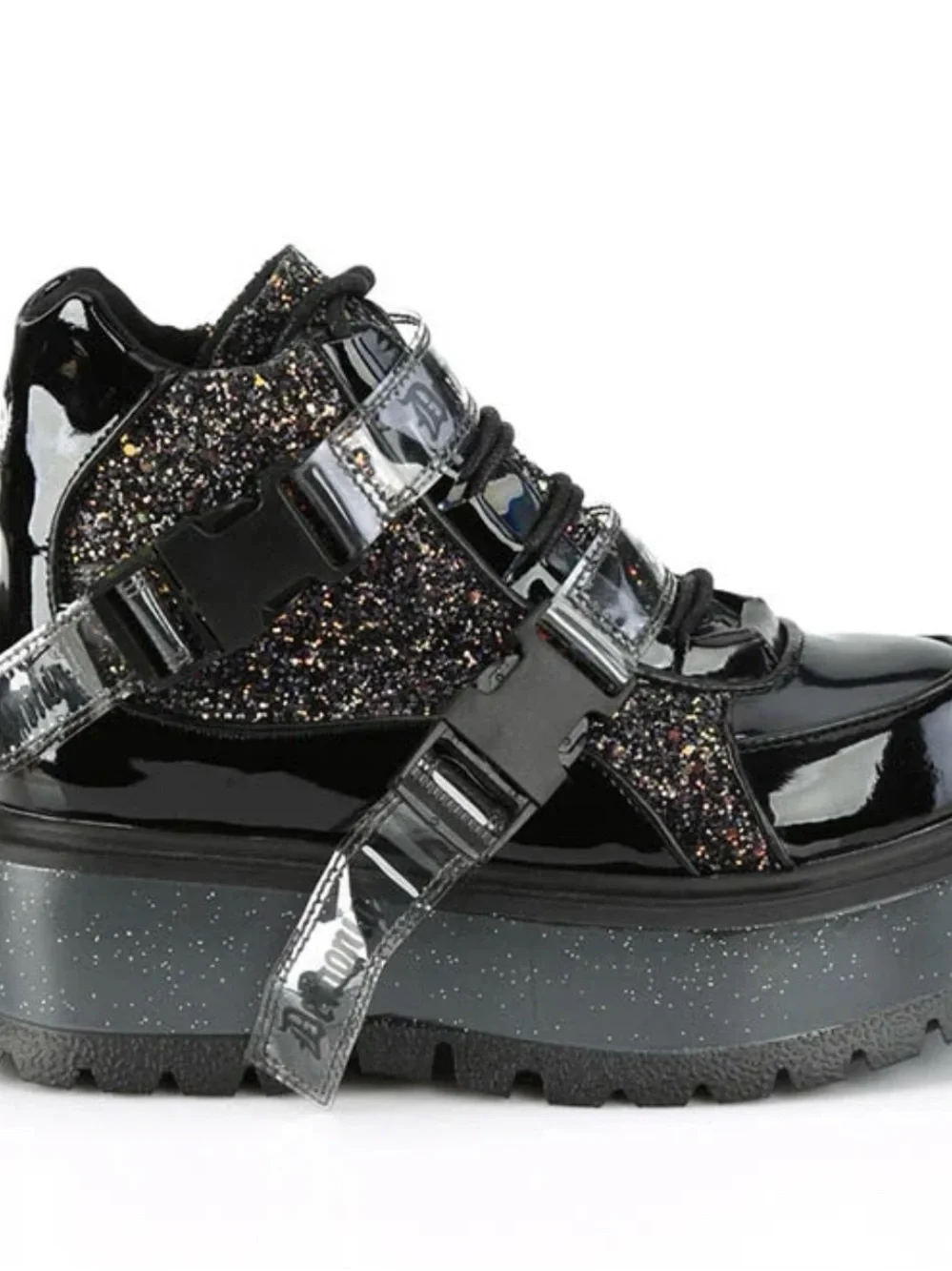 DEMONIA SLACKER-50 BLACK PATENT MULTI GLITTER ANKLE PLATFORM BOOTS